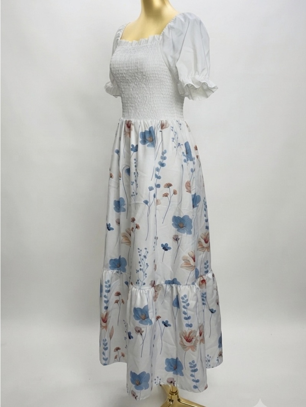 White Puff Sleeve Smocked Maxi Dress with Blue & Blush Floral Print - Picture 3 of 3